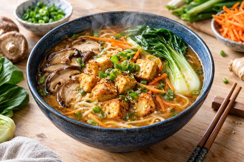 Vegane Tofu-Ramen mit knusprigem Tofu, Shiitake-Pilzen und Pak Choi in einer Schüssel