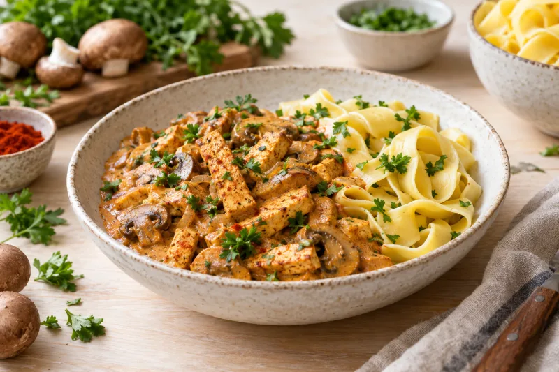 Tofu-Stroganoff in einer Pfanne mit cremiger Pilzsauce, garniert mit Petersilie, serviert mit Bandnudeln