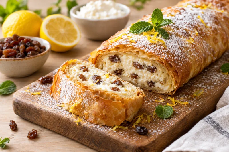 Veganer Topfenstrudel mit goldbrauner Kruste, angeschnitten auf einem Teller, mit Puderzucker bestäubt und Zitronenzesten garniert.