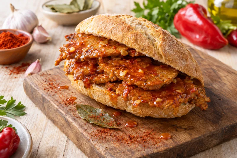 Vegane Bifanas im aufgeschnittenen Brötchen mit saftigen Seitanscheiben und Paprikasauce auf einem Holzbrett.
