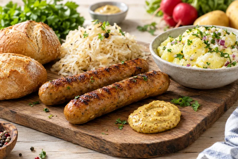 Vegane Bratwurst auf einem Teller mit Senf, daneben ein Brötchen und Sauerkraut, rustikal angerichtet.