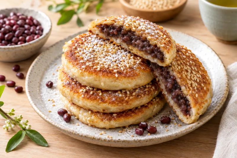 Vegane chinesische Pfannkuchen mit roter Bohnenpaste, bestreut mit Sesam, auf einem Teller.