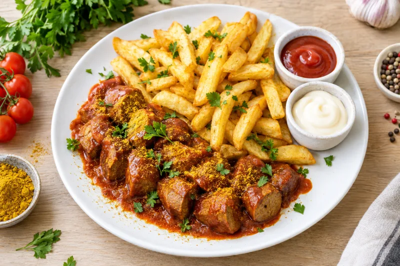 Vegane Currywurst mit Currysauce und Pommes frites auf einem Teller, bestreut mit Currypulver