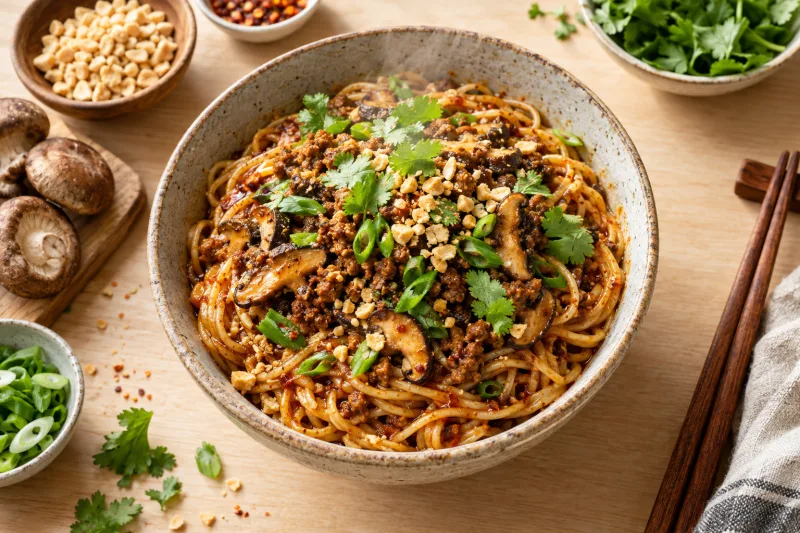 Vegane Dan Dan Nudeln in einer Schüssel mit Sesamsauce, Sojagranulat, Frühlingszwiebeln und Koriander
