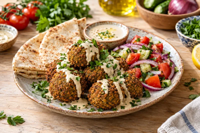Vegane Falafel auf einem Teller mit Tahini-Sauce, frischem Salat und Pita-Brot
