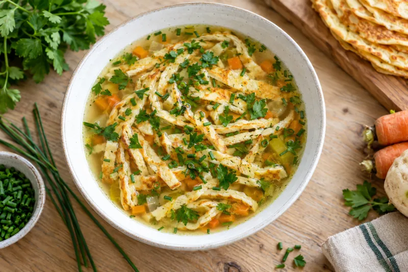 Vegane Flädlesuppe mit dünnen Pfannkuchenstreifen und frischen Kräutern in einer weißen Schale