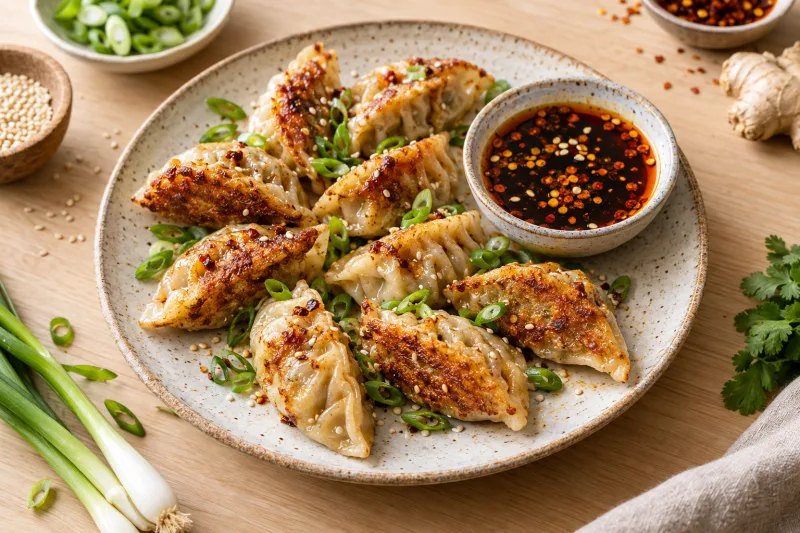 Vegane Jiaozi auf einem Teller mit Dip, garniert mit Frühlingszwiebeln und Sesam