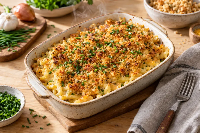 Vegane Käsespätzle in einer Auflaufform mit goldbrauner Kruste, bestreut mit Schnittlauch, auf rustikalem Holztisch.