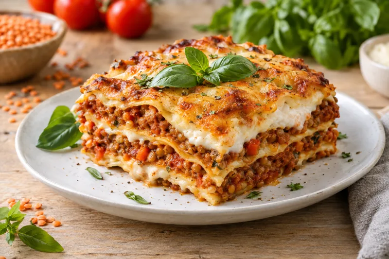 Vegane Lasagne in Auflaufform, goldbraun überbacken, mit frischem Basilikum garniert, auf rustikalem Holztisch
