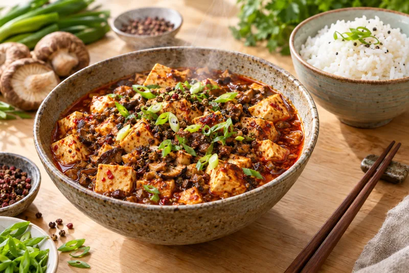 Vegane Ma Po Tofu in einer Schüssel mit Reis und Frühlingszwiebeln garniert