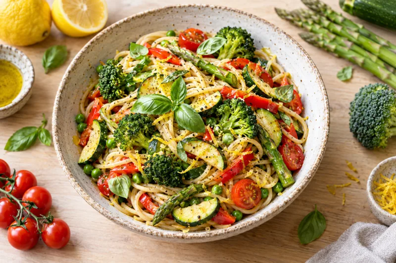 Vegane Pasta Primavera mit buntem Gemüse und frischem Basilikum auf einem weißen Teller