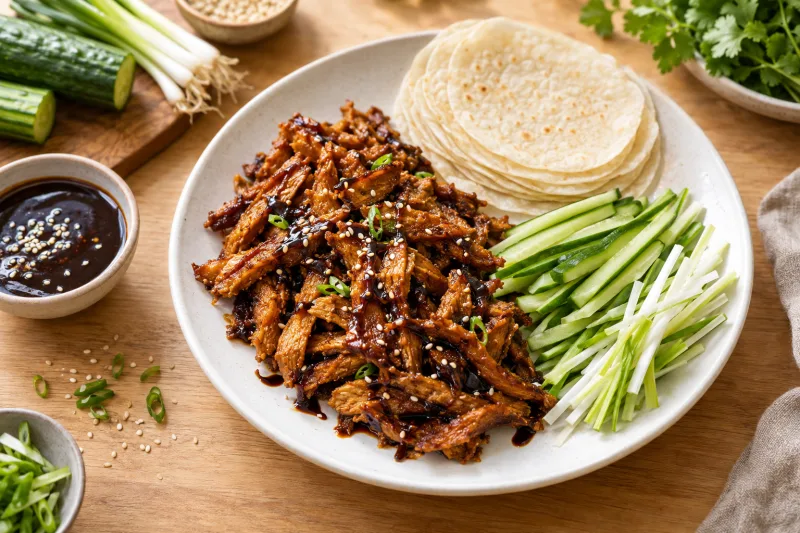 Vegane Peking-Ente mit Pfannkuchen, Gurke und Frühlingszwiebeln auf einem Teller