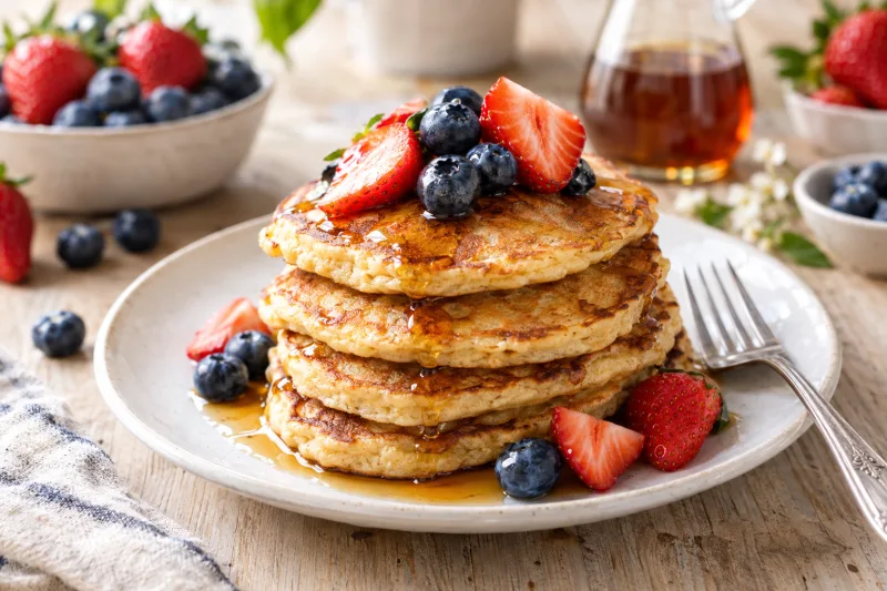 Vegane Pfannkuchen mit Ahornsirup und frischen Beeren auf einem weißen Teller