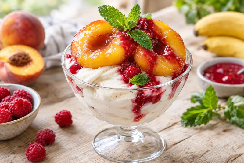 Vegane Pfirsich Melba: pochierte Pfirsiche auf Bananen-Nicecream, mit Himbeersauce übergossen und Minze garniert
