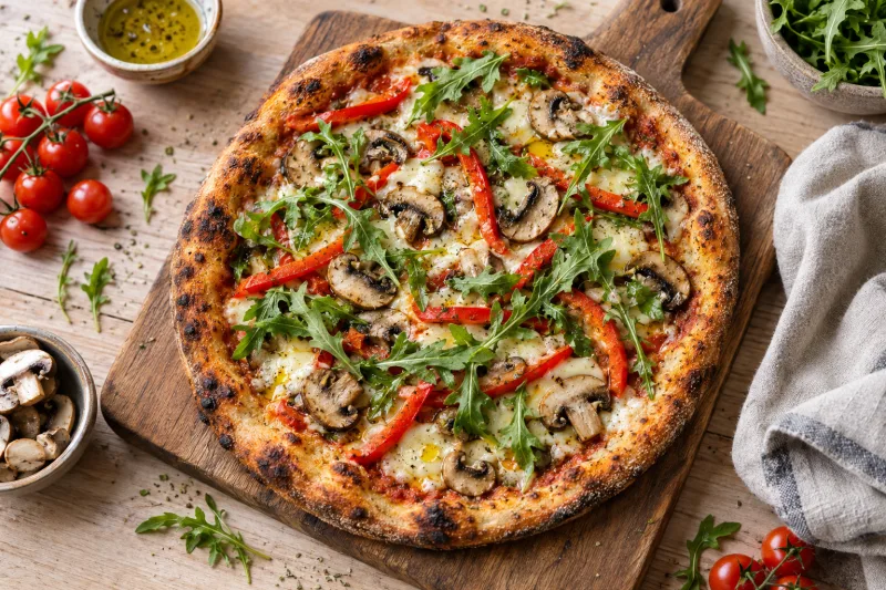 Vegane Pizza mit geschmolzenem veganen Käse, Champignons, Paprika und Rucola auf einem Holzbrett