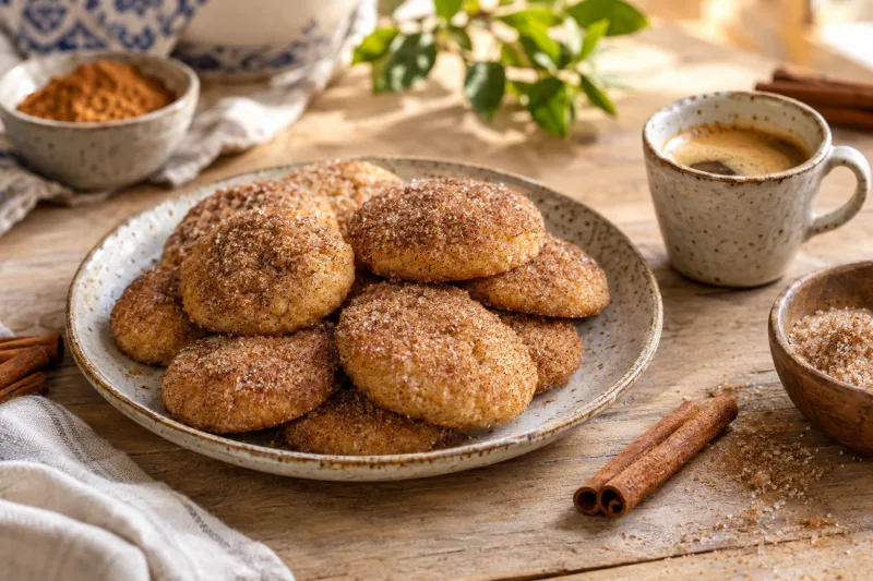 Vegane portugiesische Zimtplätzchen auf einem Teller mit Zimtstange und Kaffeetasse
