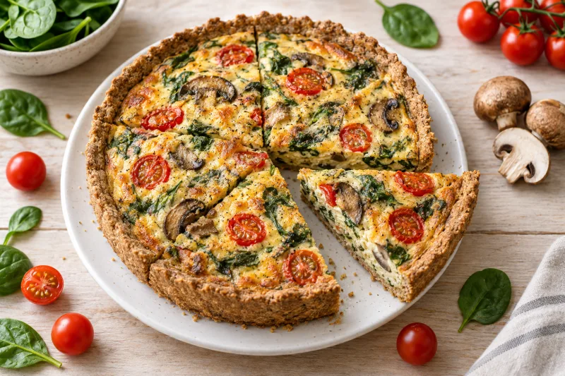 Vegane Quiche mit Vollkornteig und Gemüsefüllung auf einem Teller