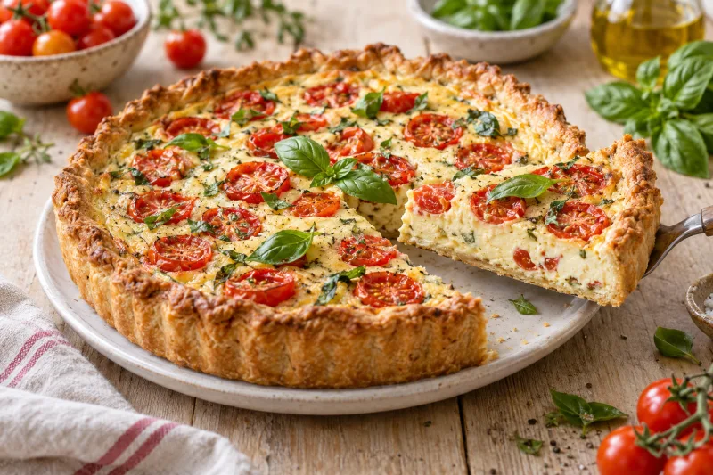 Vegane Quiche mit halbierten Kirschtomaten und frischem Basilikum auf einer hellen Holzplatte