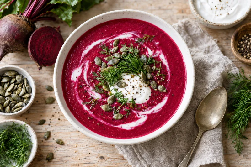 Cremige vegane Rote-Beete-Suppe in einer weißen Schüssel, garniert mit veganem Joghurt, Kürbiskernen und Dille