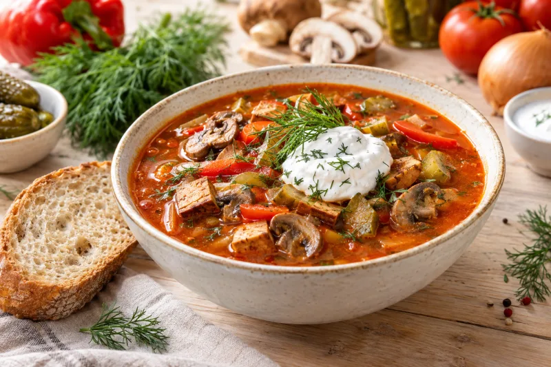 Vegane Soljanka in einer Schüssel mit einem Klecks veganer Sauerrahm und frischem Dill, daneben Brot