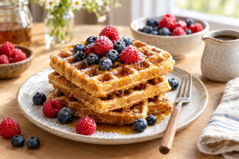 Vegane Waffeln auf einem Teller mit frischen Beeren und Ahornsirup, garniert mit Puderzucker