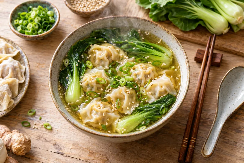 Vegane Won-Ton-Suppe mit Tofu-Shiitake-Füllung, Pak Choi und Sesam in einer Schale