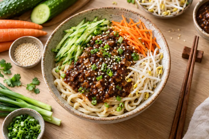 Teller mit veganen Zha Jiang Nudeln, garniert mit Gurkenstreifen, Karotten, Sojasprossen und Sesam, dunkle Soße.