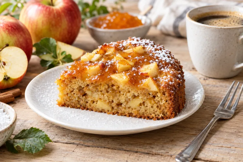 Saftiger veganer Apfelkuchen mit Apfelwürfeln und Zimt auf einem Kuchengitter, daneben eine Tasse Kaffee