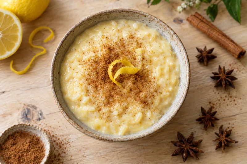 Veganer Arroz Doce in einer Schüssel mit Zimt bestreut und Zitronenschale dekoriert