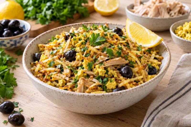 Veganer Bacalhau à Brás in einer Schüssel mit Oliven und Petersilie garniert