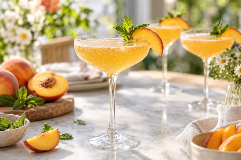 Veganer Bellini Cocktail in elegantem Glas mit Pfirsichspalte und Minze garniert