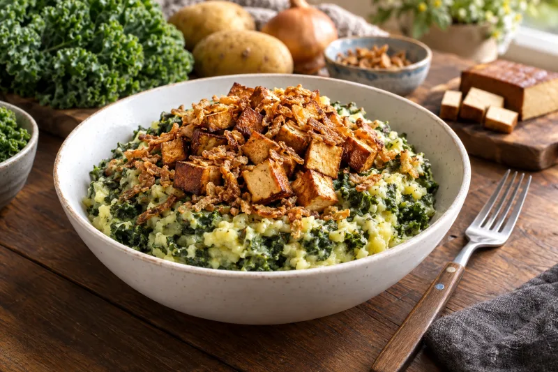 Veganer Boerenkool mit geräuchertem Tofu in einer Schüssel, garniert mit frischer Petersilie