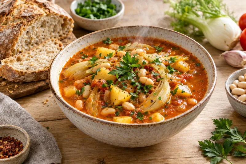 Veganer Bouillabaisse Eintopf mit Fenchel, Tomaten und weißen Bohnen in einem Topf, garniert mit Petersilie