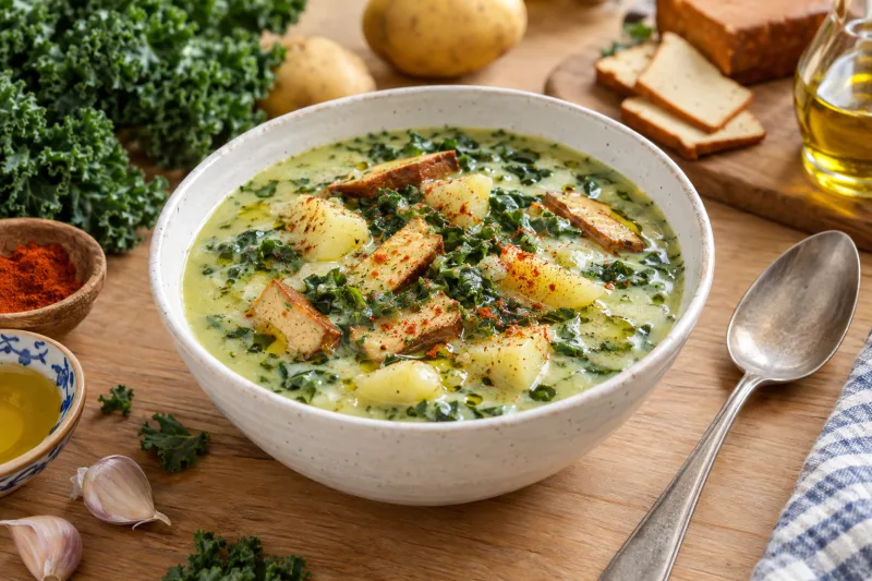 Veganer Caldo Verde in einer weißen Schüssel mit Grünkohlstreifen und Räuchertofu, garniert mit Olivenöl.