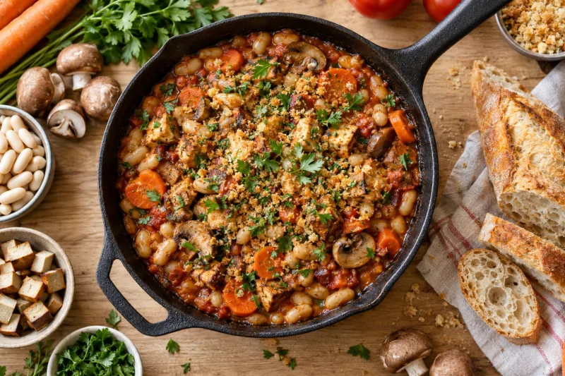 Veganer Cassoulet in einer gusseisernen Pfanne mit weißen Bohnen, Räuchertofu und Kräutern, dazu knuspriges Baguette
