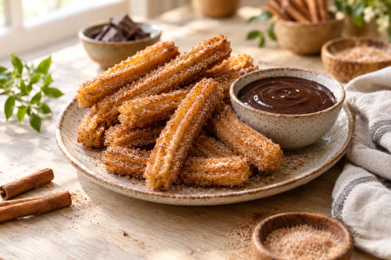 Vegane Churros mit Zimtzucker auf einem Teller, daneben eine Schale Schokoladensauce