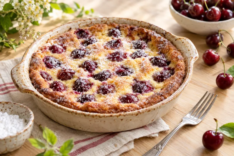 Veganer Clafoutis mit Kirschen, goldbraun gebacken, mit Puderzucker bestäubt, in einer runden Auflaufform