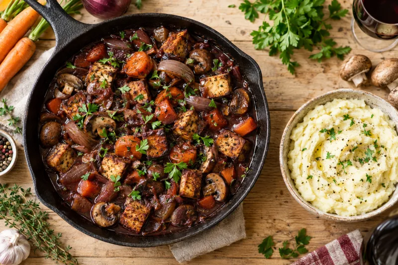 Veganer Coq au Vin in einer gusseisernen Pfanne mit Pilzen, Karotten und frischer Petersilie garniert
