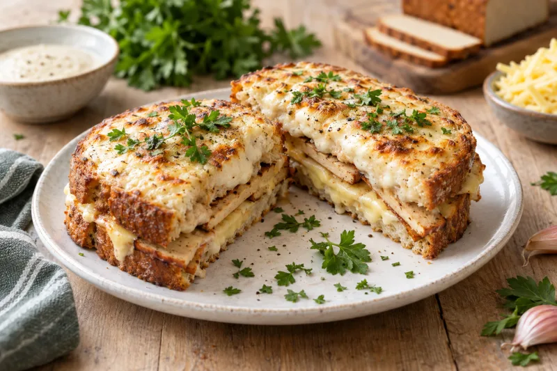 Veganer Croque Monsieur auf einem Teller mit goldbrauner Kruste, geschmolzenem veganen Käse und frischen Kräutern garniert