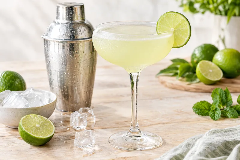 Veganer Daiquiri Cocktail im Coupette-Glas mit Limettenscheibe und Eis