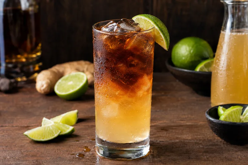 Veganer Dark Stormy Cocktail mit Limettenspalte und Eiswürfeln im Highball-Glas