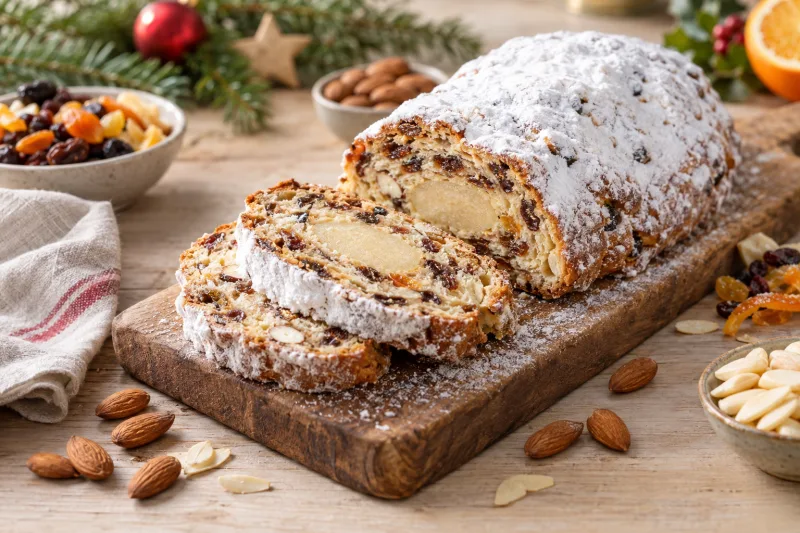 Angeschnittener veganer Dresdner Stollen mit Puderzucker, Marzipankern und Trockenfrüchten auf Holzbrett