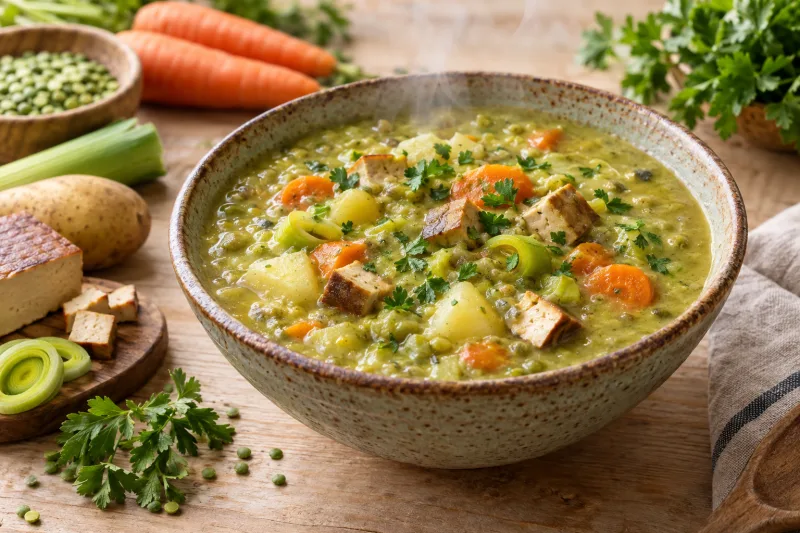 Veganer Erwtensoep in rustikaler Schüssel mit Tofu-Würfeln und Petersilie