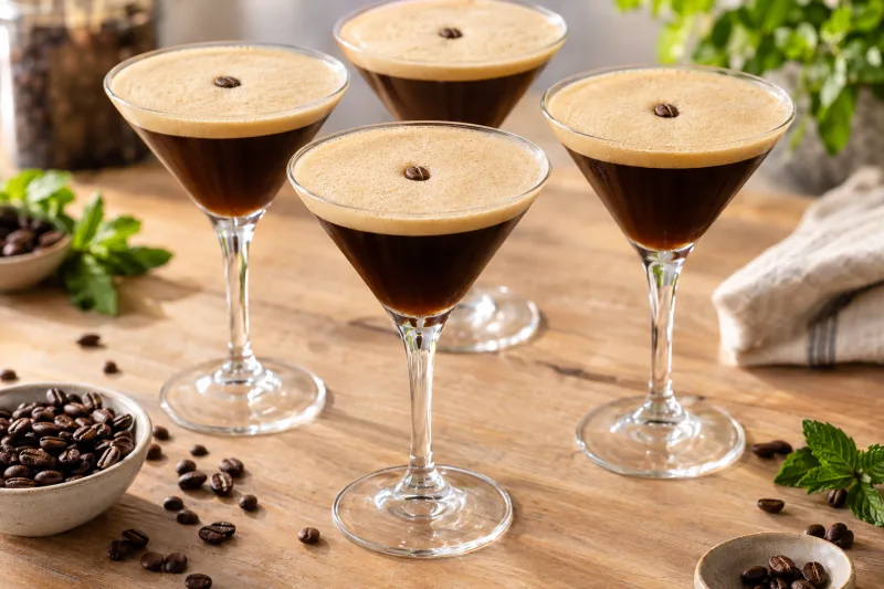 Veganer Espresso Martini in einem Martiniglas mit Schaumkrone und Kaffeebohne auf dunklem Hintergrund.