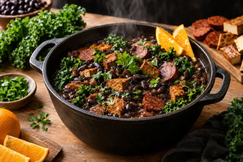 Vegane Feijoada à Portuguesa im Gusseisentopf mit Petersilie und Orangenspalten auf Holztisch