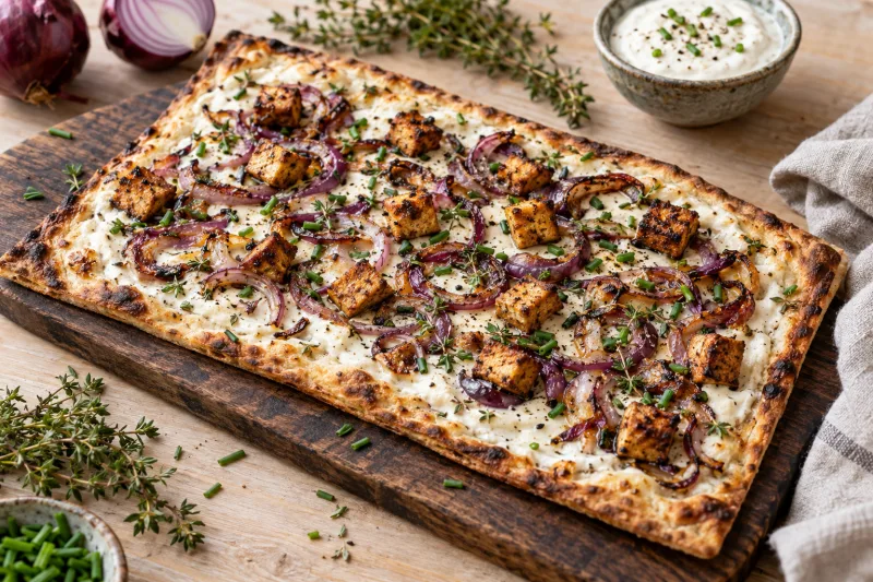 Veganer Flammkuchen mit goldbraunem Rand, belegt mit Räuchertofu und roten Zwiebeln, auf Holzbrett serviert