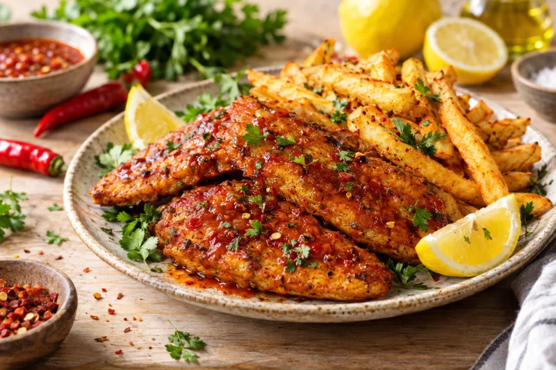 Vegane Frango-com-Piri-Piri-Filets auf einem Teller mit Piri-Piri-Sauce, Zitronenspalten und Pommes, garniert mit gehackter Petersilie.