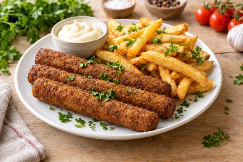 Vegane Frikandeln auf einem Teller mit Pommes und veganer Mayonnaise, goldbraun und knusprig