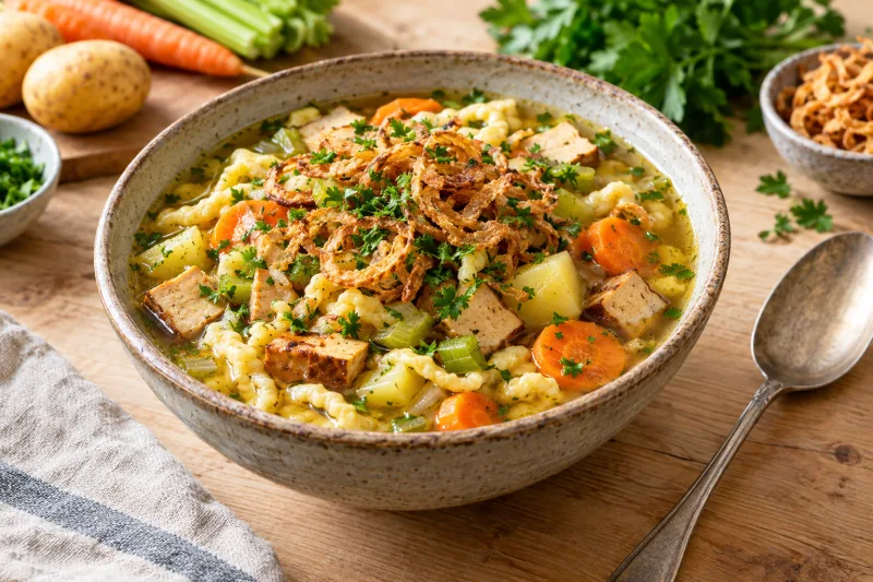 Schüssel mit veganem Gaisburger Marsch, garniert mit Röstzwiebeln und Petersilie