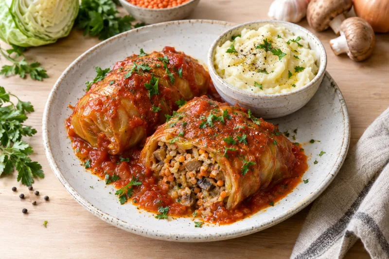 Vegane Golabki mit Tomatensoße und frischer Petersilie auf einem Teller angerichtet